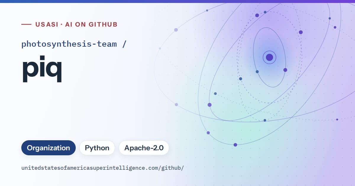 Generated blue orbit artwork for photosynthesis-team/piq, labeled USASI · AI on GitHub, with Organization · Python · Apache-2.0.