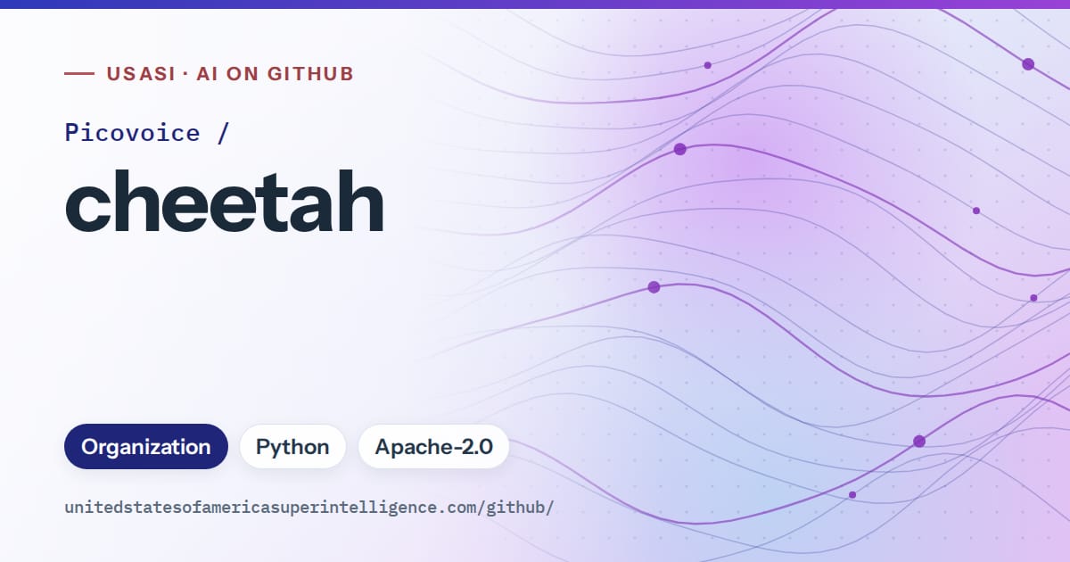 Generated blue flowing-wave artwork for Picovoice/cheetah, labeled USASI · AI on GitHub, with Organization · Python · Apache-2.0.