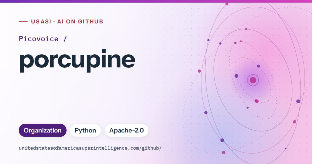 Generated violet orbit artwork for Picovoice/porcupine, labeled USASI · AI on GitHub, with Organization · Python · Apache-2.0.