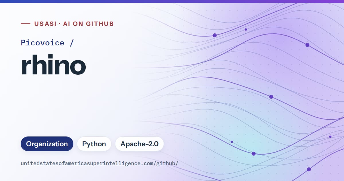 Generated blue flowing-wave artwork for Picovoice/rhino, labeled USASI · AI on GitHub, with Organization · Python · Apache-2.0.
