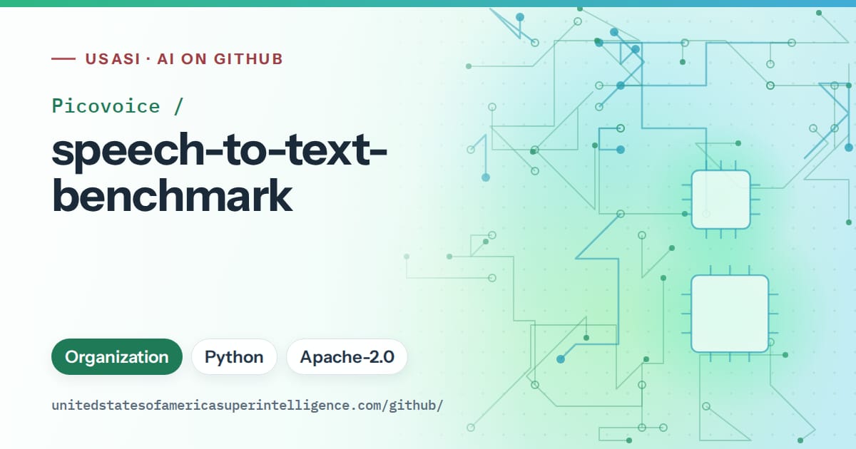 Generated teal circuit-trace artwork for Picovoice/speech-to-text-benchmark, labeled USASI · AI on GitHub, with Organization · Python · Apache-2.0.