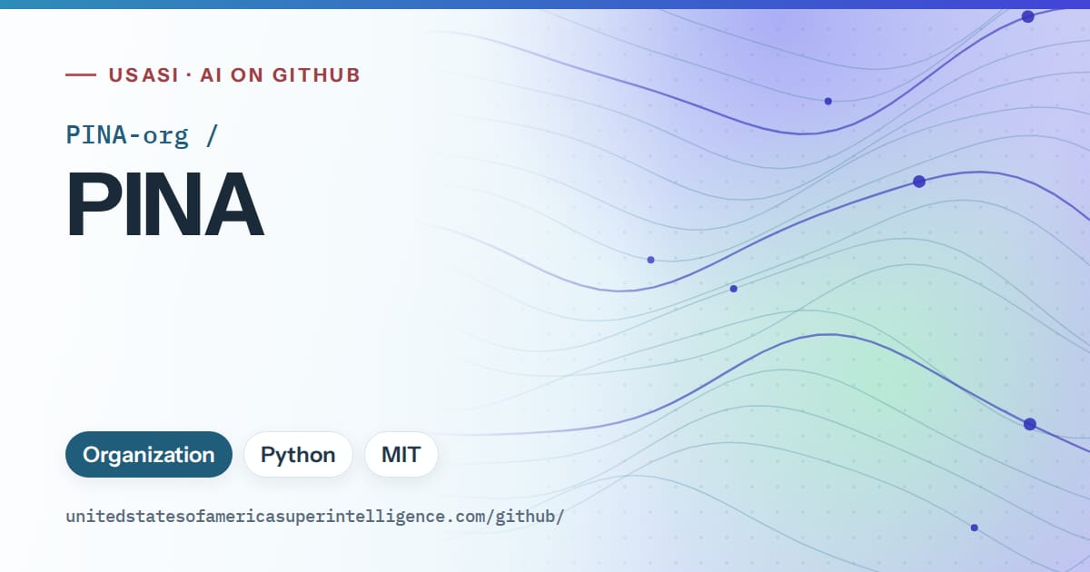 Generated sky blue flowing-wave artwork for PINA-org/PINA, labeled USASI · AI on GitHub, with Organization · Python · MIT.
