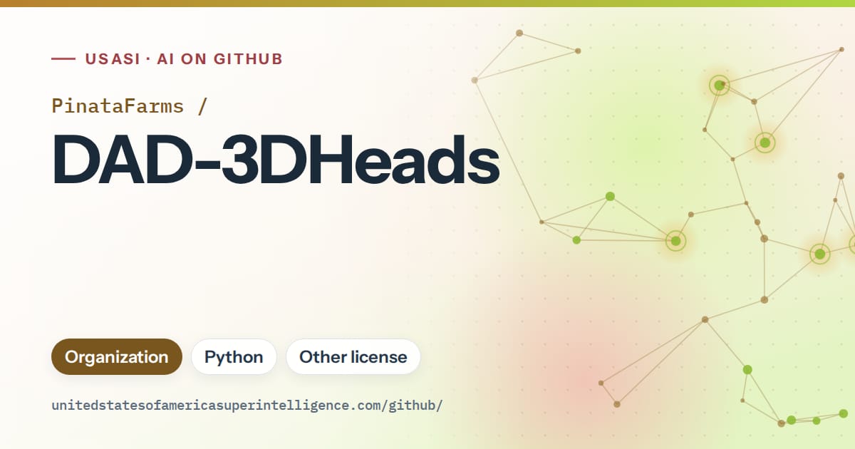 Generated orange constellation network artwork for PinataFarms/DAD-3DHeads, labeled USASI · AI on GitHub, with Organization · Python · Other license.
