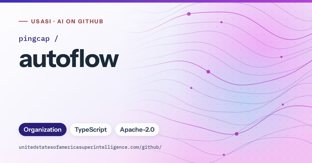 Generated blue flowing-wave artwork for pingcap/autoflow, labeled USASI · AI on GitHub, with Organization · TypeScript · Apache-2.0.