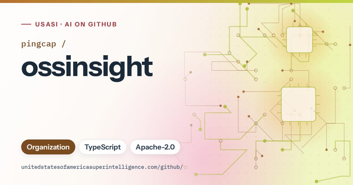 Generated orange circuit-trace artwork for pingcap/ossinsight, labeled USASI · AI on GitHub, with Organization · TypeScript · Apache-2.0.