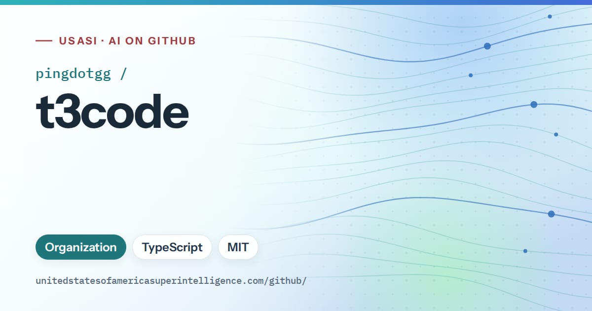 Generated teal flowing-wave artwork for pingdotgg/t3code, labeled USASI · AI on GitHub, with Organization · TypeScript · MIT.