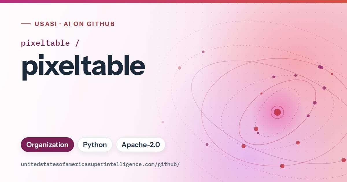 Generated pink orbit artwork for pixeltable/pixeltable, labeled USASI · AI on GitHub, with Organization · Python · Apache-2.0.