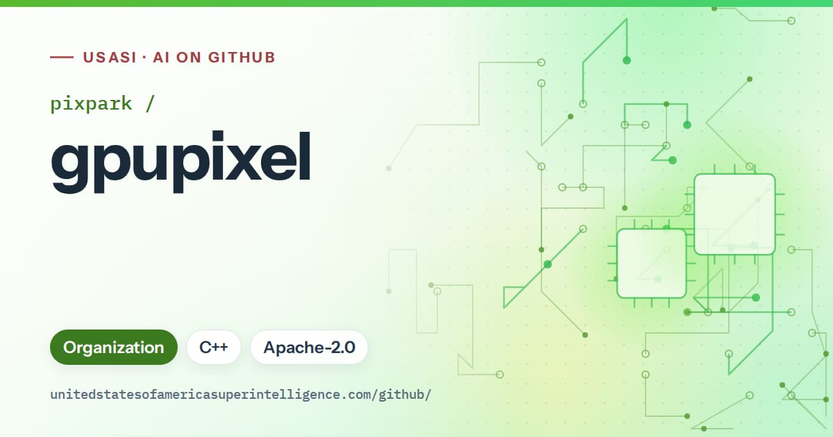 Generated green circuit-trace artwork for pixpark/gpupixel, labeled USASI · AI on GitHub, with Organization · C++ · Apache-2.0.
