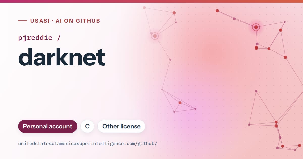 Generated pink constellation network artwork for pjreddie/darknet, labeled USASI · AI on GitHub, with Personal account · C · Other license.