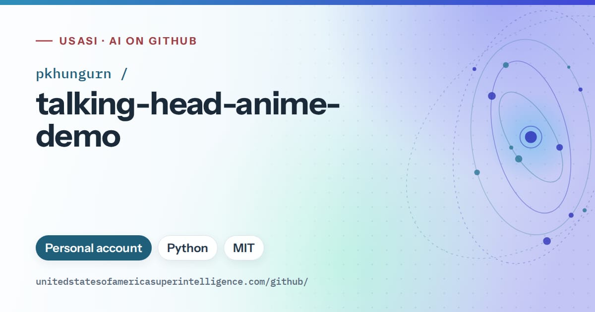 Generated sky blue orbit artwork for pkhungurn/talking-head-anime-demo, labeled USASI · AI on GitHub, with Personal account · Python · MIT.