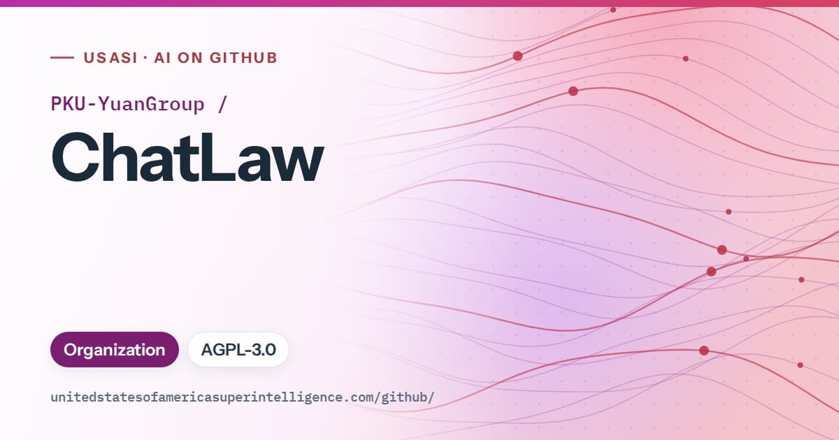 Generated purple flowing-wave artwork for PKU-YuanGroup/ChatLaw, labeled USASI · AI on GitHub, with Organization · AGPL-3.0.