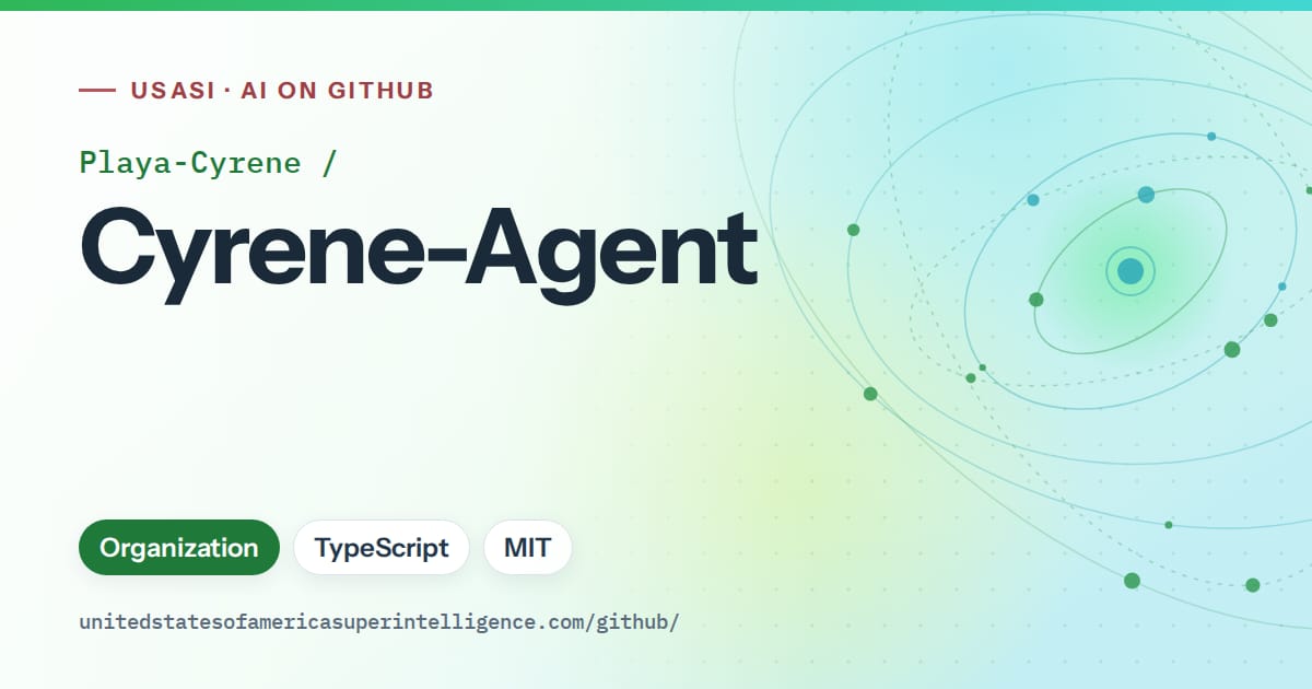 Generated green orbit artwork for Playa-Cyrene/Cyrene-Agent, labeled USASI · AI on GitHub, with Organization · TypeScript · MIT.
