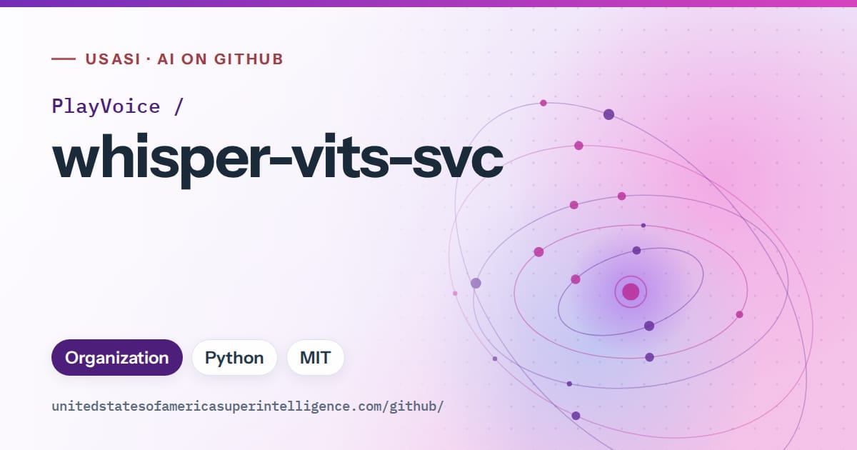 Generated violet orbit artwork for PlayVoice/whisper-vits-svc, labeled USASI · AI on GitHub, with Organization · Python · MIT.