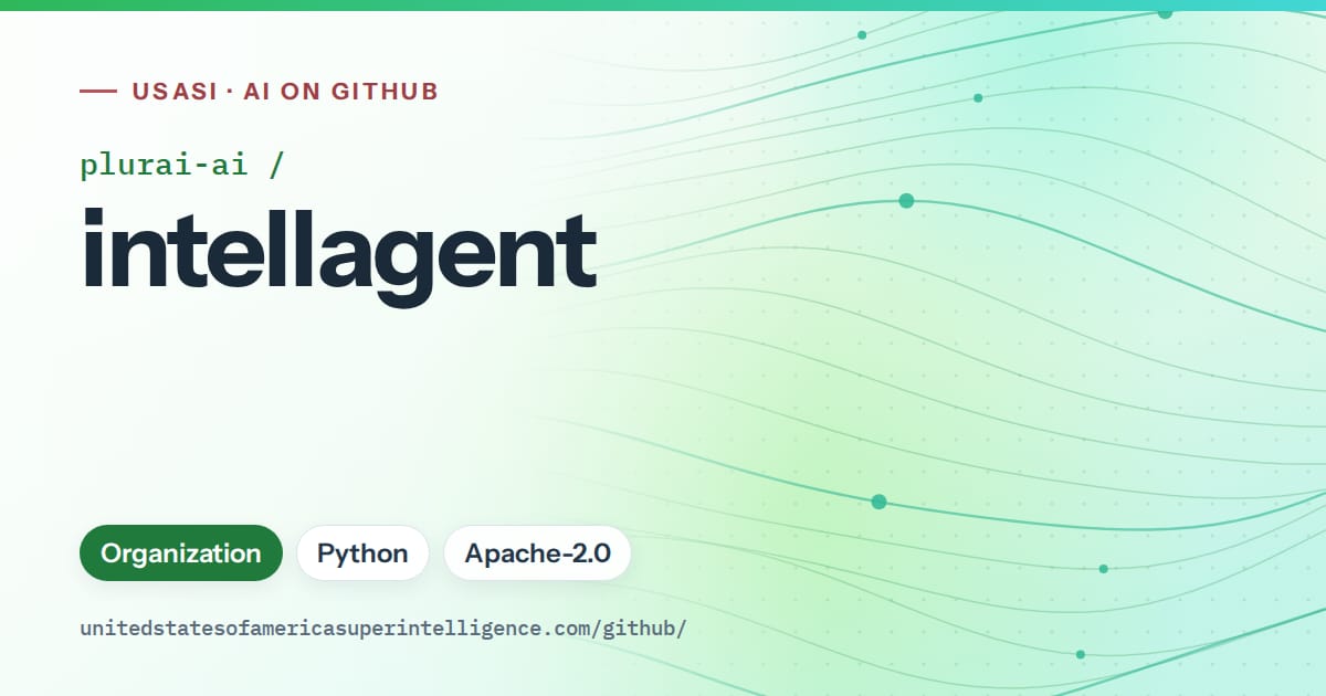 Generated green flowing-wave artwork for plurai-ai/intellagent, labeled USASI · AI on GitHub, with Organization · Python · Apache-2.0.