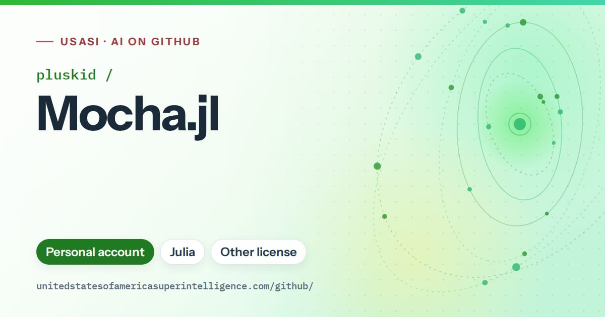 Generated green orbit artwork for pluskid/Mocha.jl, labeled USASI · AI on GitHub, with Personal account · Julia · Other license.