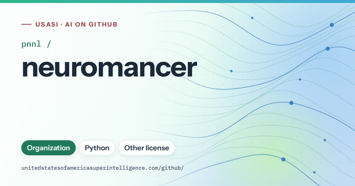 Generated teal flowing-wave artwork for pnnl/neuromancer, labeled USASI · AI on GitHub, with Organization · Python · Other license.