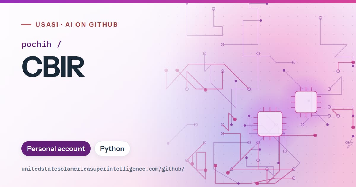 Generated purple circuit-trace artwork for pochih/CBIR, labeled USASI · AI on GitHub, with Personal account · Python.