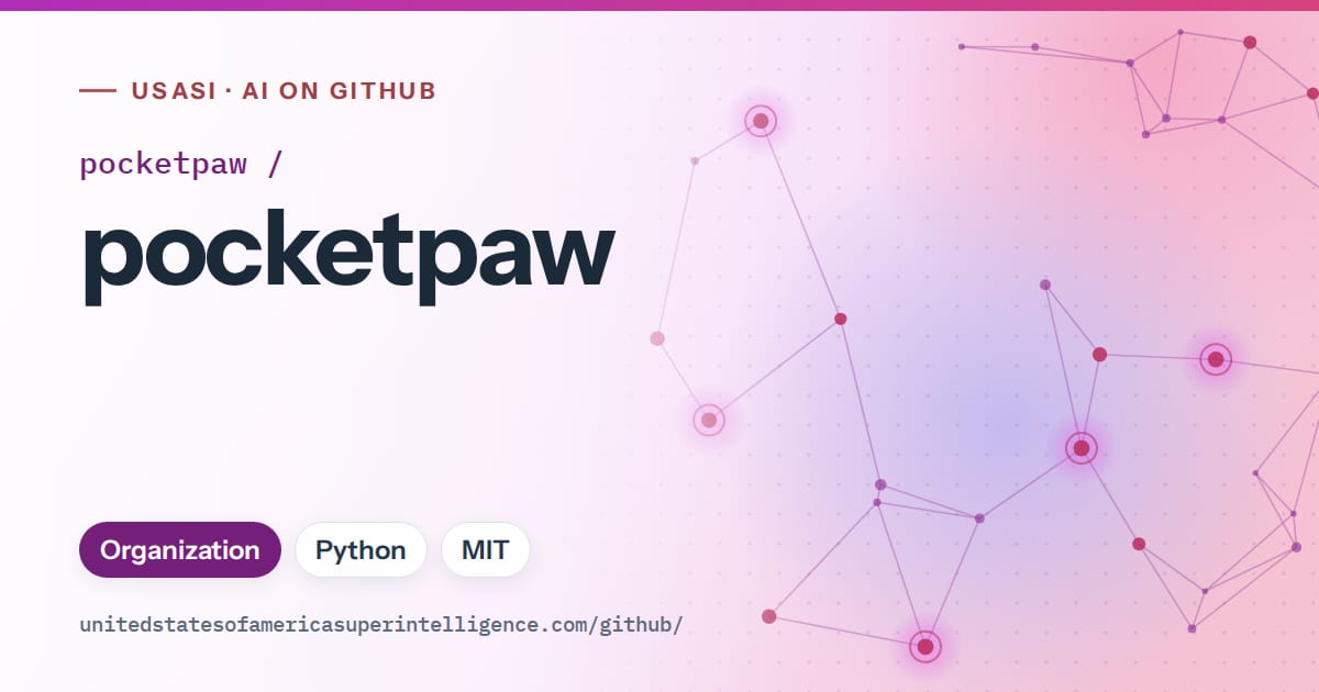 Generated purple constellation network artwork for pocketpaw/pocketpaw, labeled USASI · AI on GitHub, with Organization · Python · MIT.