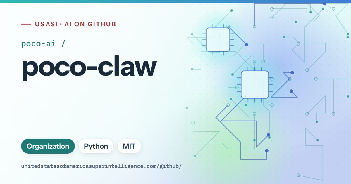 Generated teal circuit-trace artwork for poco-ai/poco-claw, labeled USASI · AI on GitHub, with Organization · Python · MIT.