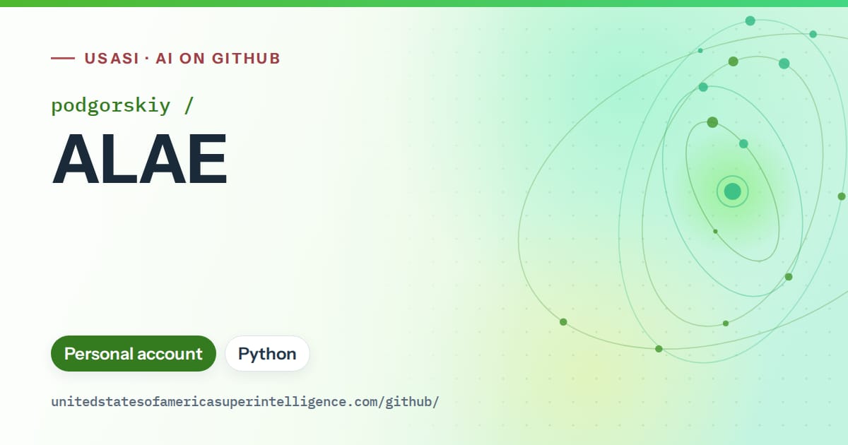 Generated green orbit artwork for podgorskiy/ALAE, labeled USASI · AI on GitHub, with Personal account · Python.