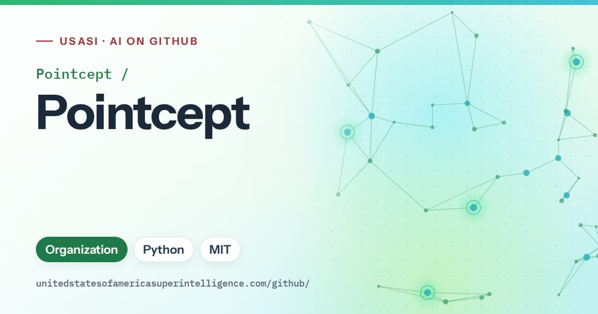 Generated green constellation network artwork for Pointcept/Pointcept, labeled USASI · AI on GitHub, with Organization · Python · MIT.