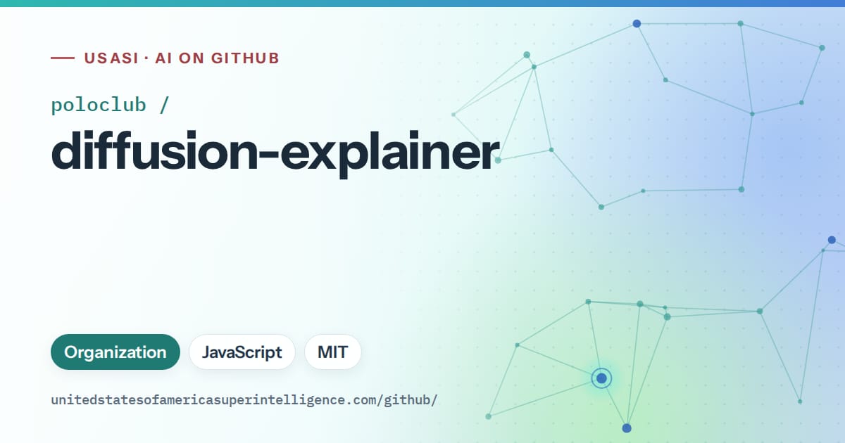 Generated teal constellation network artwork for poloclub/diffusion-explainer, labeled USASI · AI on GitHub, with Organization · JavaScript · MIT.