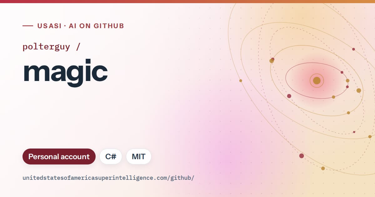 Generated red orbit artwork for polterguy/magic, labeled USASI · AI on GitHub, with Personal account · C# · MIT.