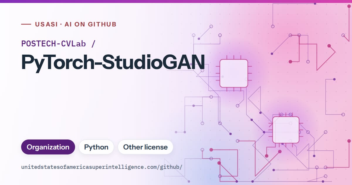 Generated violet circuit-trace artwork for POSTECH-CVLab/PyTorch-StudioGAN, labeled USASI · AI on GitHub, with Organization · Python · Other license.