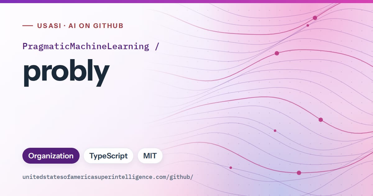 Generated violet flowing-wave artwork for PragmaticMachineLearning/probly, labeled USASI · AI on GitHub, with Organization · TypeScript · MIT.