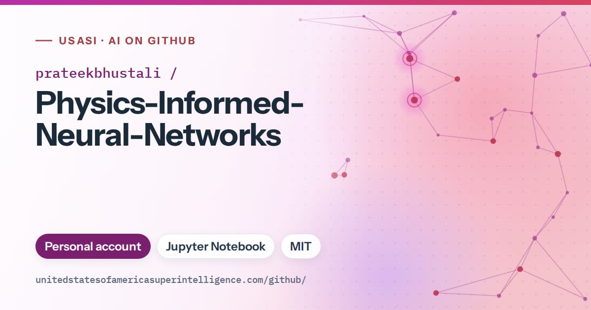 Generated purple constellation network artwork for prateekbhustali/Physics-Informed-Neural-Networks, labeled USASI · AI on GitHub, with Personal account · Jupyter Notebook · MIT.