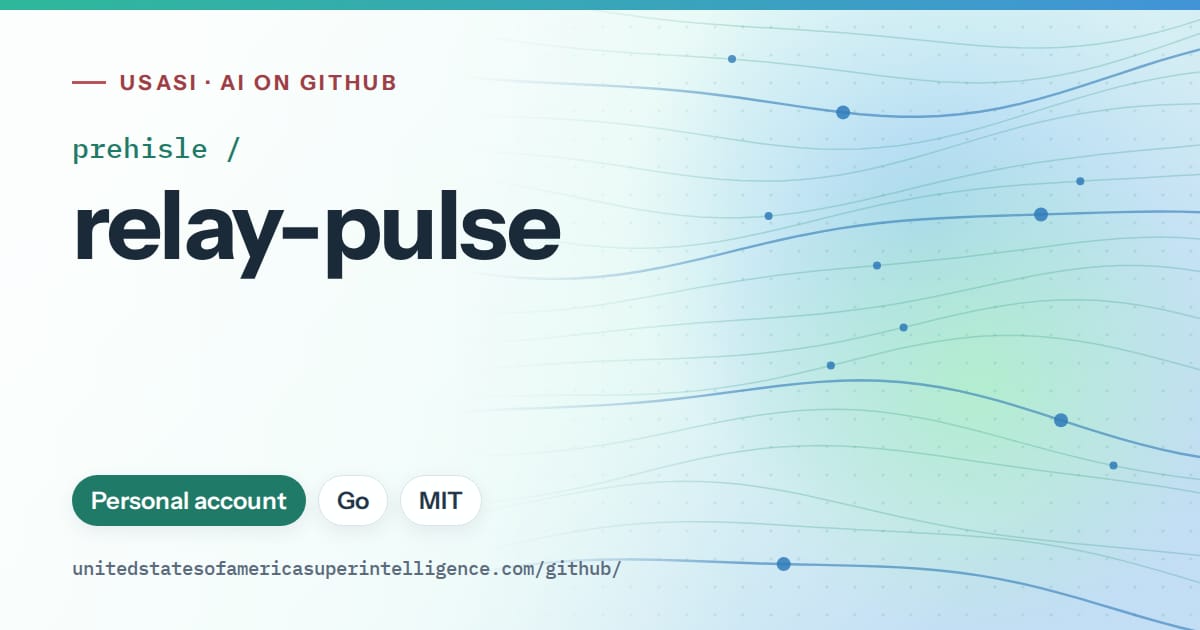 Generated teal flowing-wave artwork for prehisle/relay-pulse, labeled USASI · AI on GitHub, with Personal account · Go · MIT.