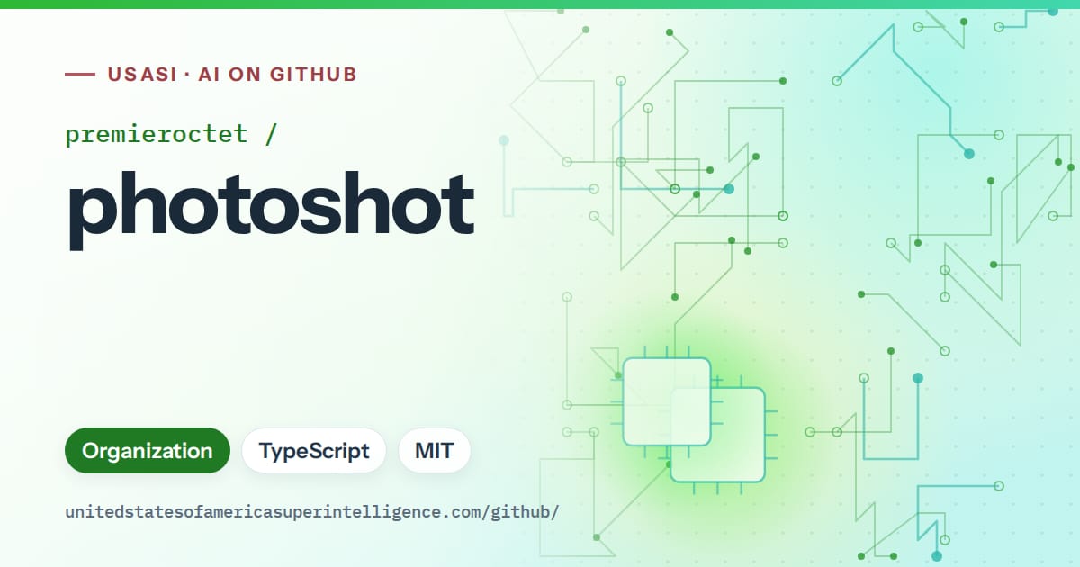Generated green circuit-trace artwork for premieroctet/photoshot, labeled USASI · AI on GitHub, with Organization · TypeScript · MIT.