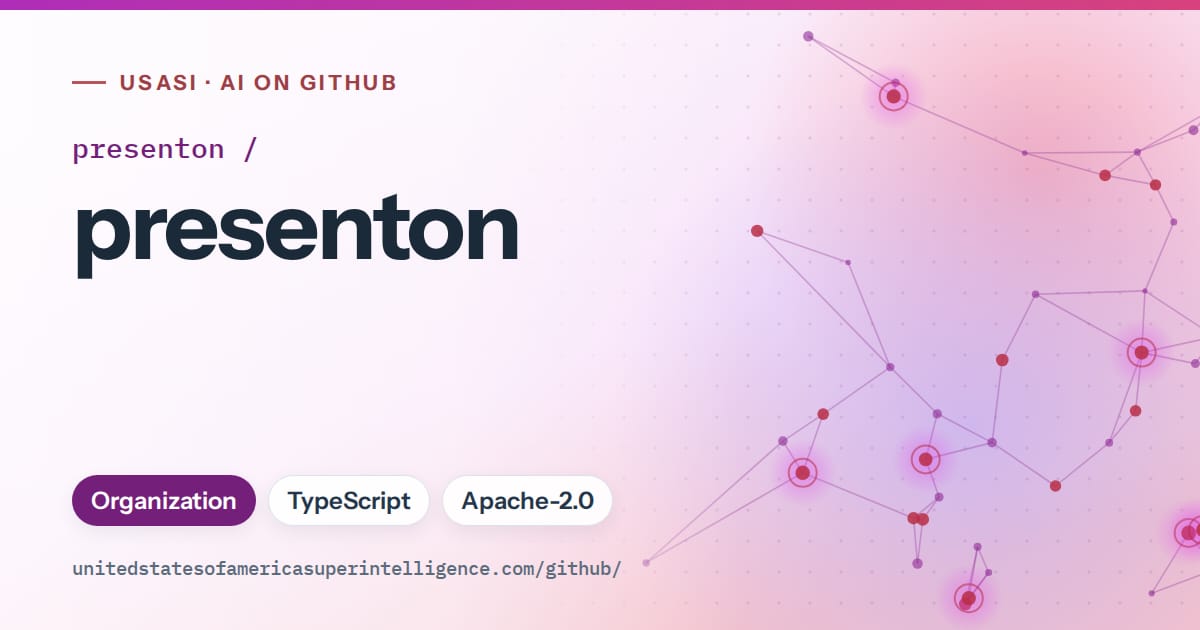 Generated purple constellation network artwork for presenton/presenton, labeled USASI · AI on GitHub, with Organization · TypeScript · Apache-2.0.