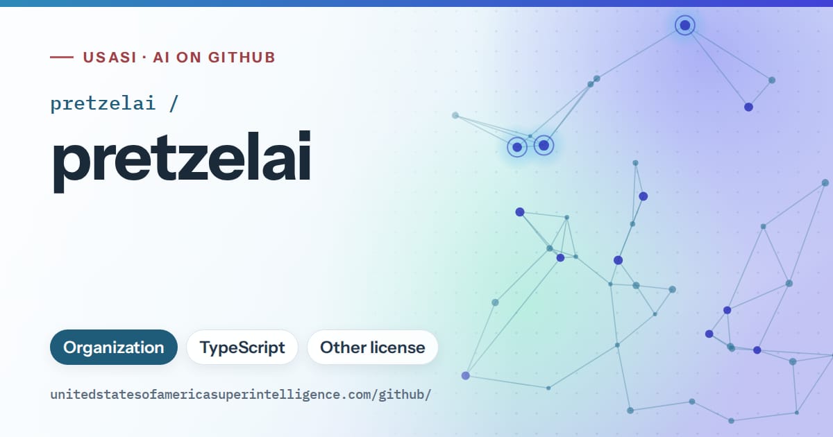 Generated sky blue constellation network artwork for pretzelai/pretzelai, labeled USASI · AI on GitHub, with Organization · TypeScript · Other license.