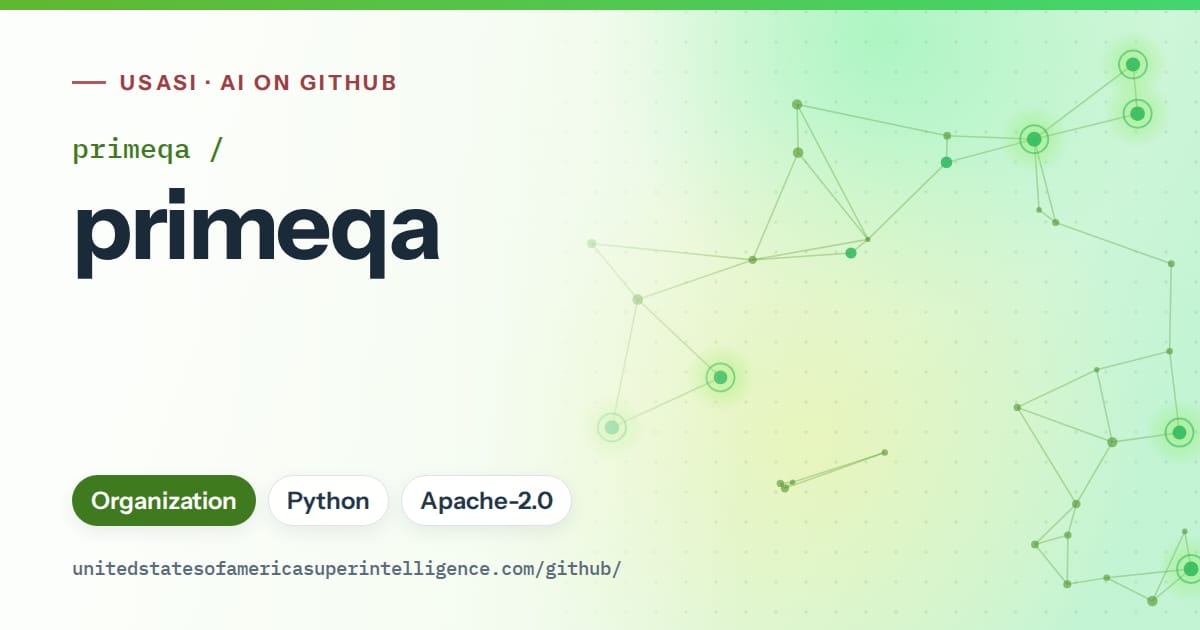 Generated green constellation network artwork for primeqa/primeqa, labeled USASI · AI on GitHub, with Organization · Python · Apache-2.0.