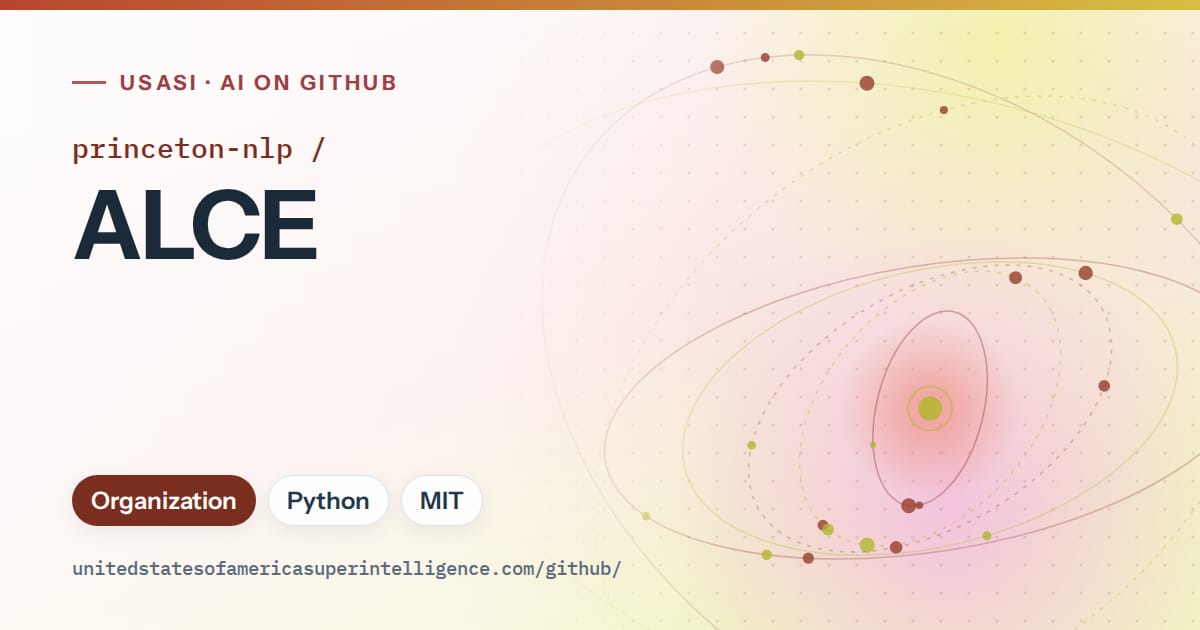 Generated red orbit artwork for princeton-nlp/ALCE, labeled USASI · AI on GitHub, with Organization · Python · MIT.