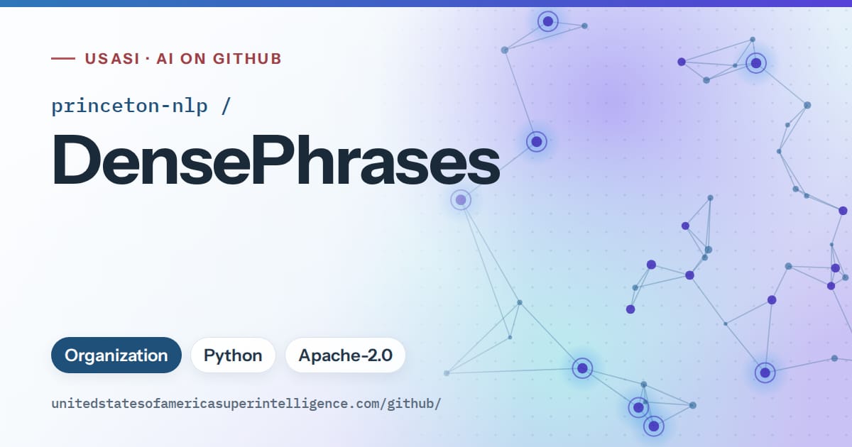 Generated sky blue constellation network artwork for princeton-nlp/DensePhrases, labeled USASI · AI on GitHub, with Organization · Python · Apache-2.0.