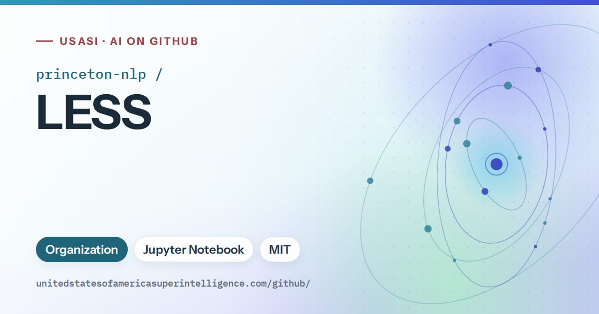 Generated sky blue orbit artwork for princeton-nlp/LESS, labeled USASI · AI on GitHub, with Organization · Jupyter Notebook · MIT.