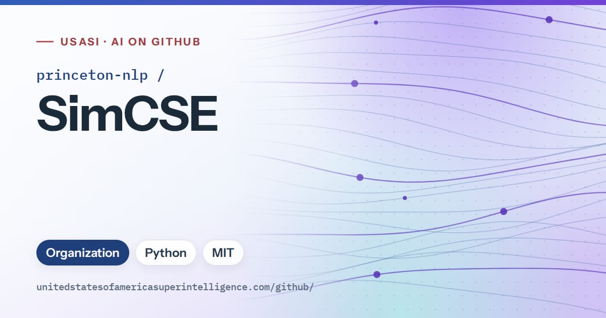 Generated blue flowing-wave artwork for princeton-nlp/SimCSE, labeled USASI · AI on GitHub, with Organization · Python · MIT.
