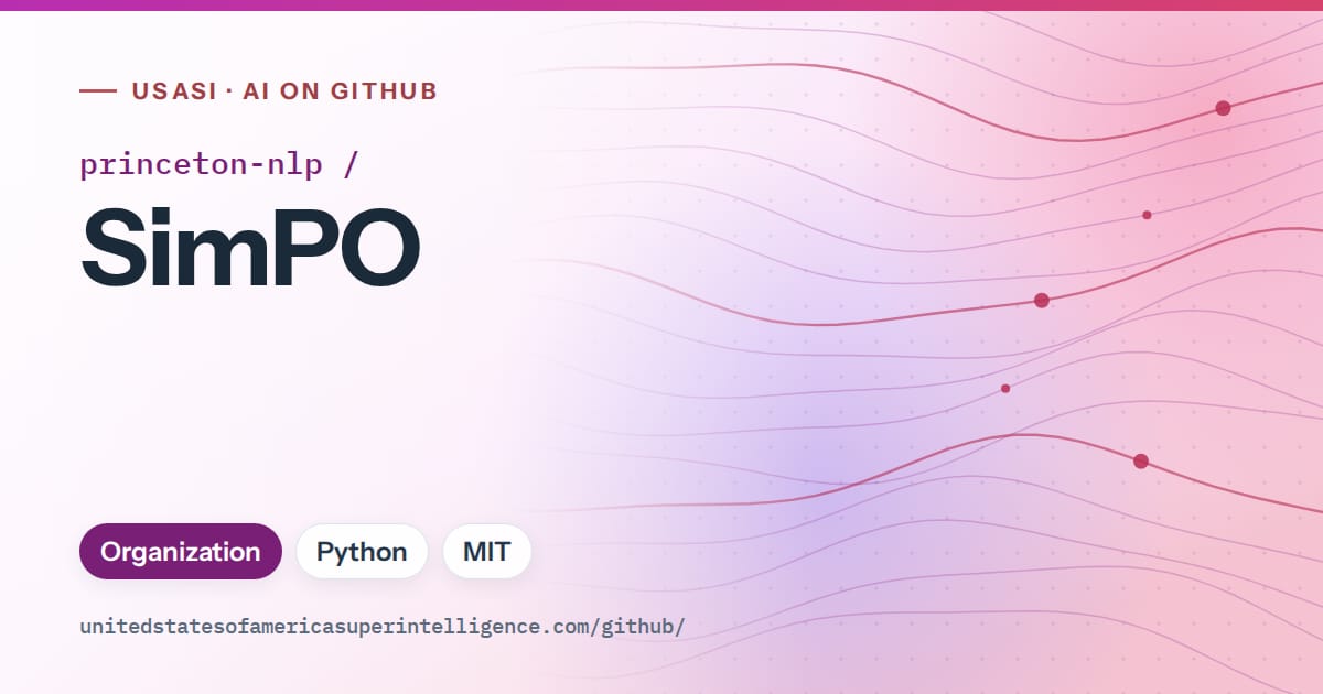 Generated purple flowing-wave artwork for princeton-nlp/SimPO, labeled USASI · AI on GitHub, with Organization · Python · MIT.