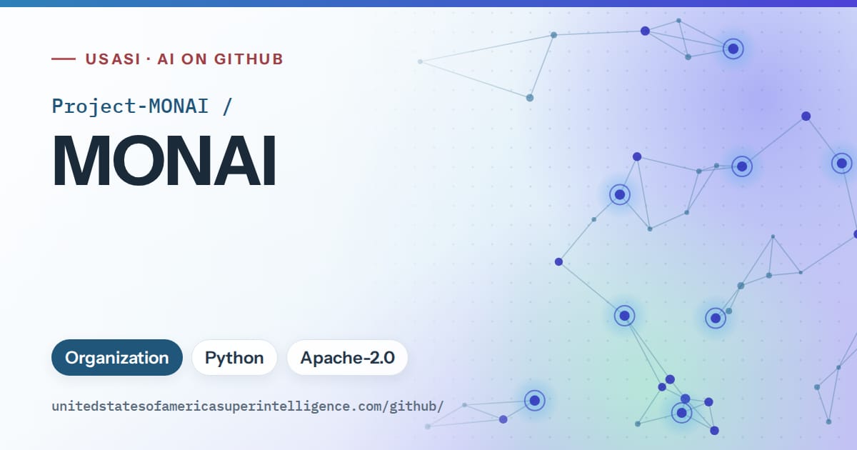 Generated sky blue constellation network artwork for Project-MONAI/MONAI, labeled USASI · AI on GitHub, with Organization · Python · Apache-2.0.