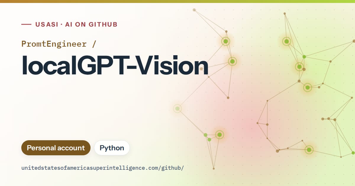 Generated orange constellation network artwork for PromtEngineer/localGPT-Vision, labeled USASI · AI on GitHub, with Personal account · Python.