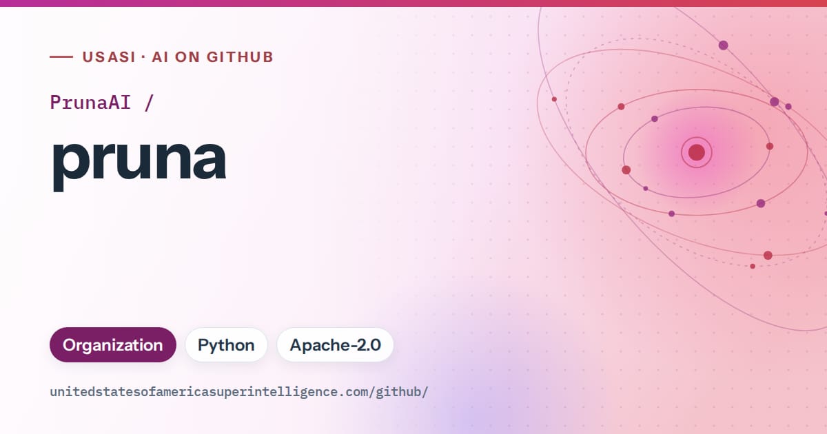 Generated purple orbit artwork for PrunaAI/pruna, labeled USASI · AI on GitHub, with Organization · Python · Apache-2.0.