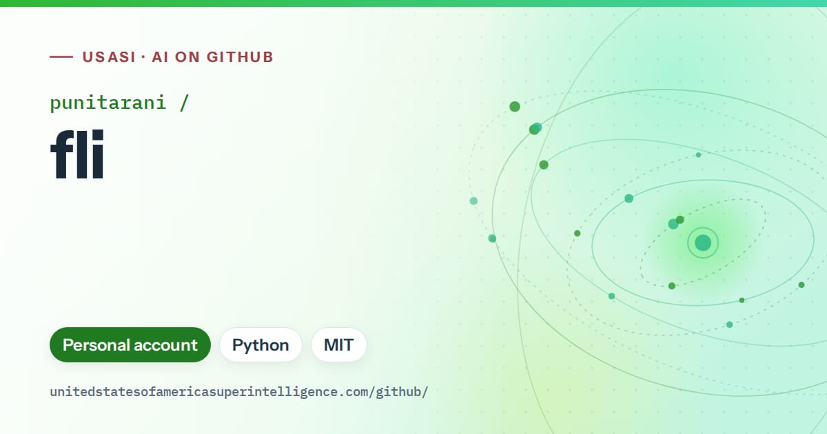 Generated green orbit artwork for punitarani/fli, labeled USASI · AI on GitHub, with Personal account · Python · MIT.