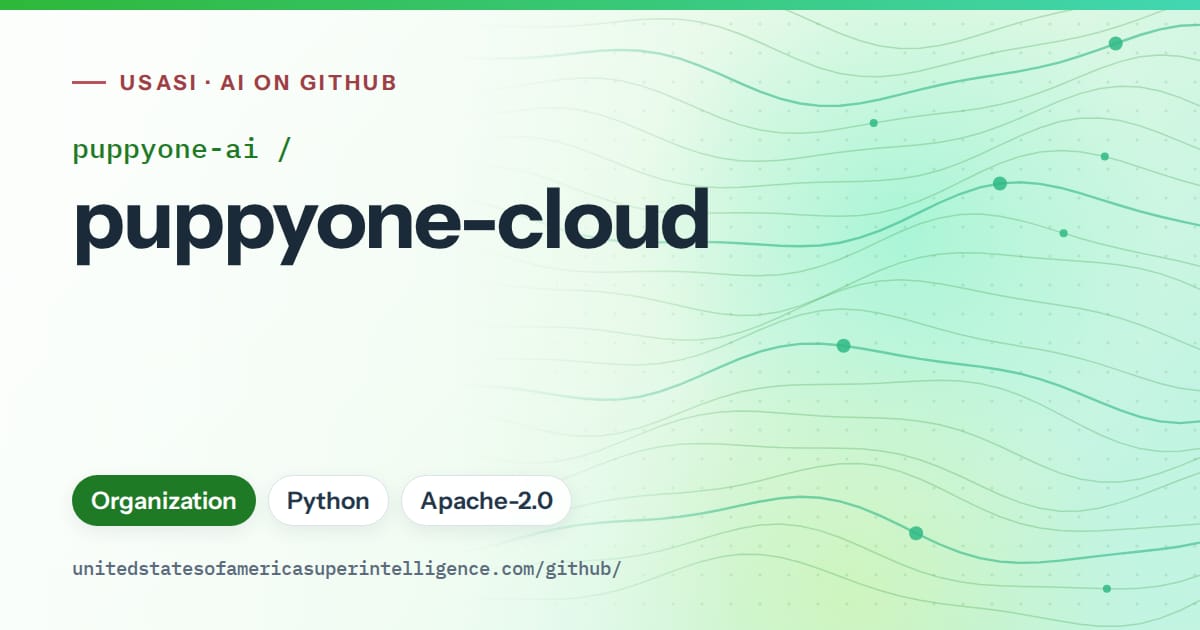 Generated green flowing-wave artwork for puppyone-ai/puppyone-cloud, labeled USASI · AI on GitHub, with Organization · Python · Apache-2.0.
