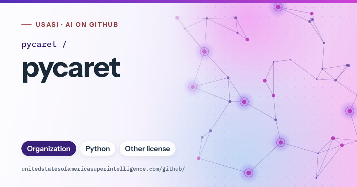 Generated violet constellation network artwork for pycaret/pycaret, labeled USASI · AI on GitHub, with Organization · Python · Other license.