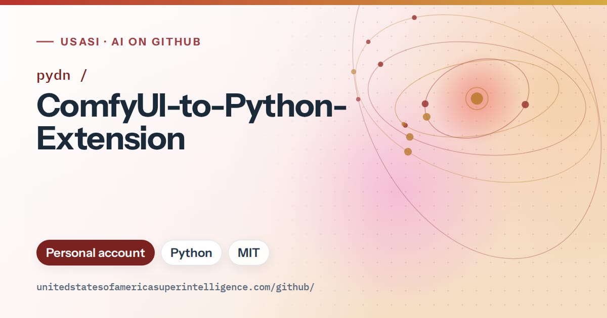Generated red orbit artwork for pydn/ComfyUI-to-Python-Extension, labeled USASI · AI on GitHub, with Personal account · Python · MIT.
