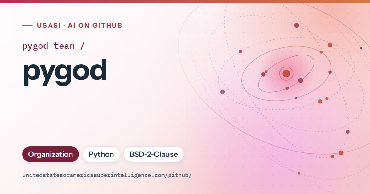 Generated pink orbit artwork for pygod-team/pygod, labeled USASI · AI on GitHub, with Organization · Python · BSD-2-Clause.