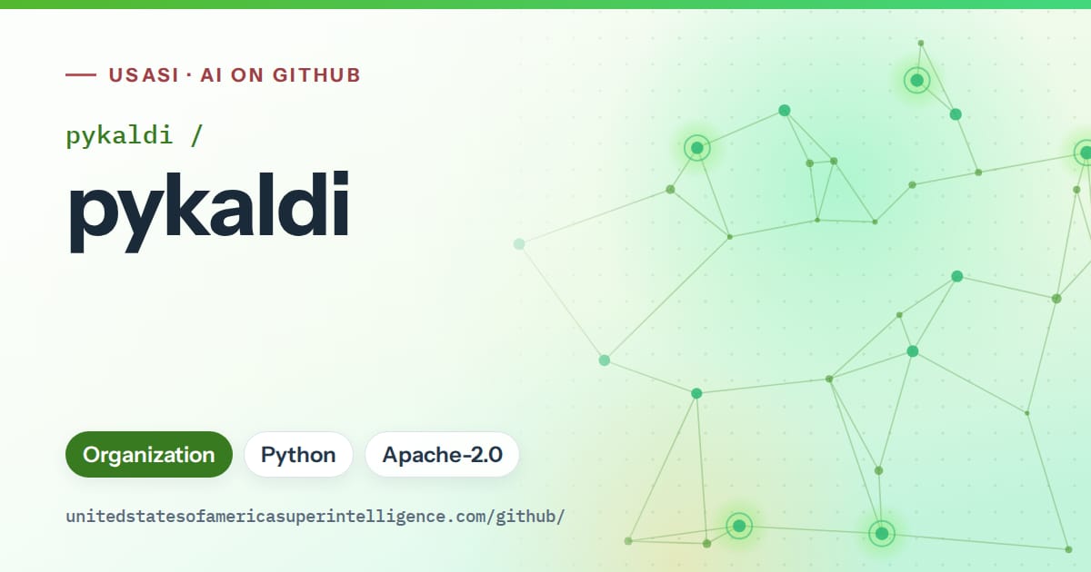 Generated green constellation network artwork for pykaldi/pykaldi, labeled USASI · AI on GitHub, with Organization · Python · Apache-2.0.