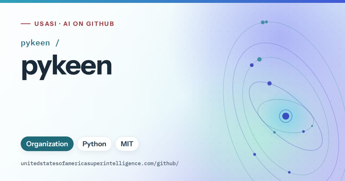 Generated sky blue orbit artwork for pykeen/pykeen, labeled USASI · AI on GitHub, with Organization · Python · MIT.